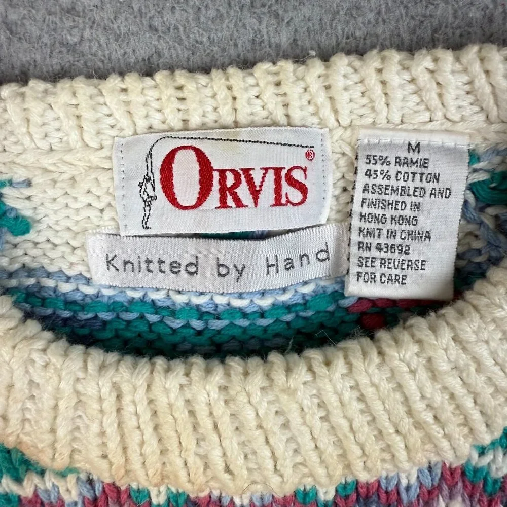 Orvis Sweater Mens Medium Cream Multicolor Geometric Aztec Crewneck Hand Knitted - Picture 6 of 9